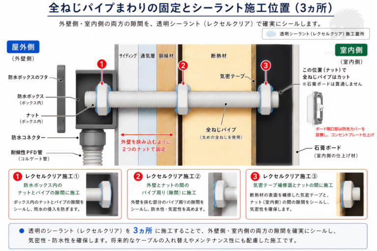 全ねじパイプの周りの固定とシーラント施工位置