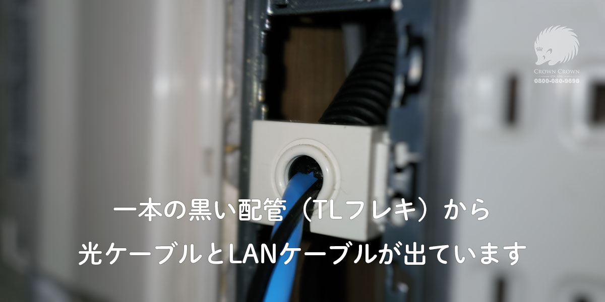 一階のコンセントプレートをあけたところ。工事前。ひとつの穴からLANと光ケーブルが出ている。奥に黒いLフレキが見える