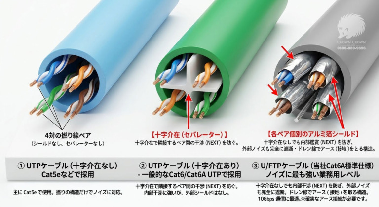 【プロが解説】Cat6A LAN配線工事の罠。UTP（非シールド）とU/FTP（シールド付き）の正しい選び方